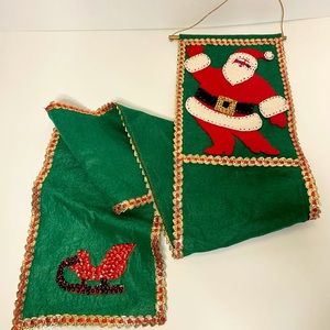 Vintage Christmas Santa Felt & Sequins Banner Wall Hanging